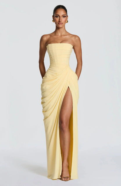 Yellow Chiffon Maxi Dress Elegant Halter/Strapless Ruched Formal Evening Gown High Slit Prom Dress for Wedding Cocktail Party