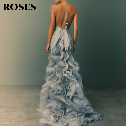 ROSES Light Blue Party Dress Elegant Halter - Neck Mermaid Prom Dresses with Ruffled Trailing Design Evening Dresses Customized