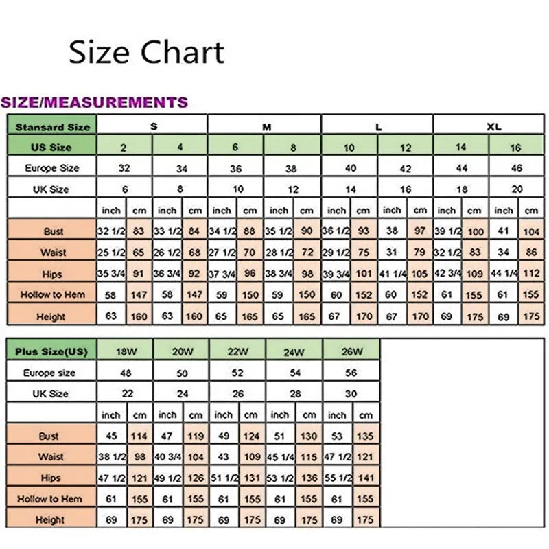 Size chart for standard and plus sizes including US, Europe, UK measurements for bust, waist, hips, and height.