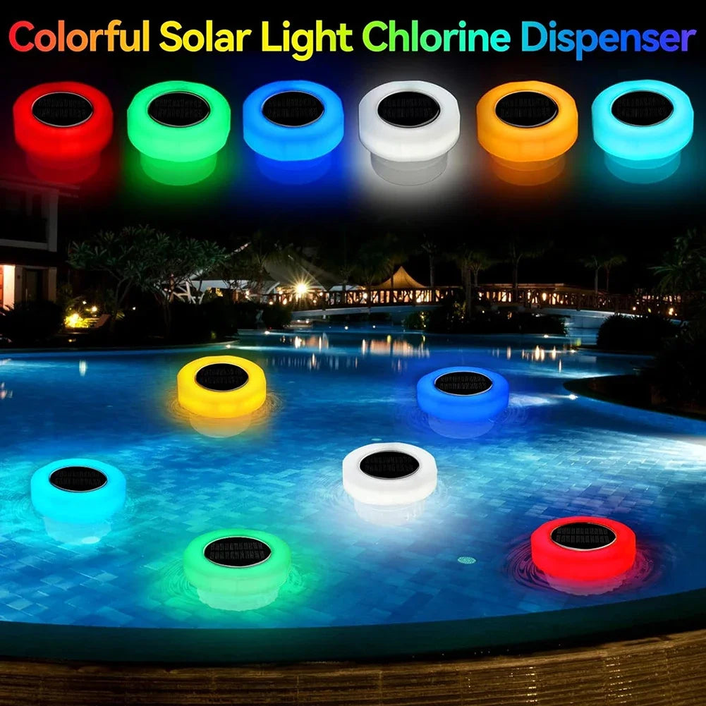Solar Pool Floating Chlorine Dispenser Swimming Pool Chlorine Floater Bromine Tablets Dispenser with Colorful Light for Spa Tub