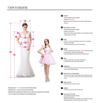 How to measure for dresses with guidelines for height, bust, waist, and other body measurements.