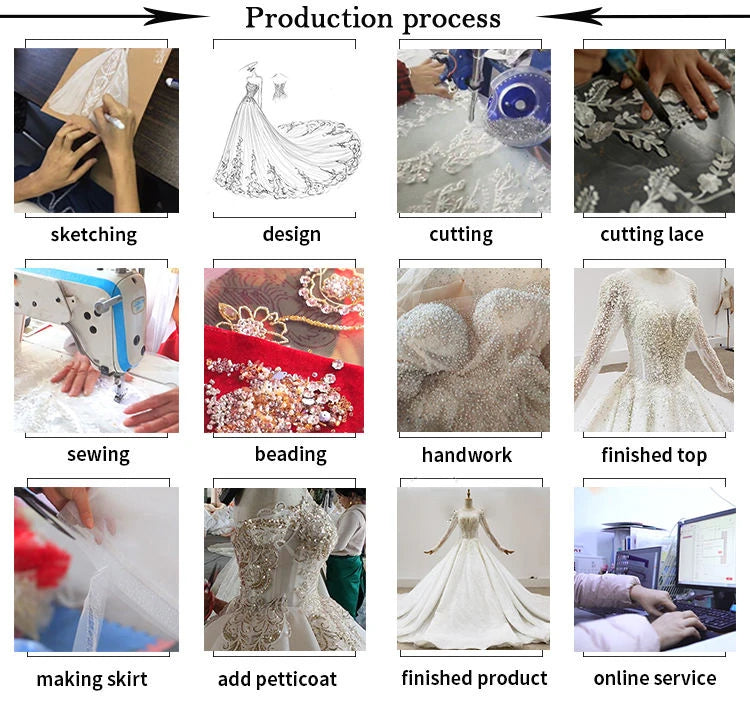 Production process of dusty pink prom dresses showcasing sketching, cutting, sewing, beading, and final product details.