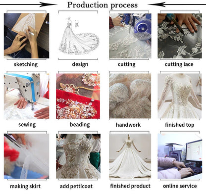 Production process of dusty pink prom dresses showcasing sketching, cutting, sewing, beading, and final product details.