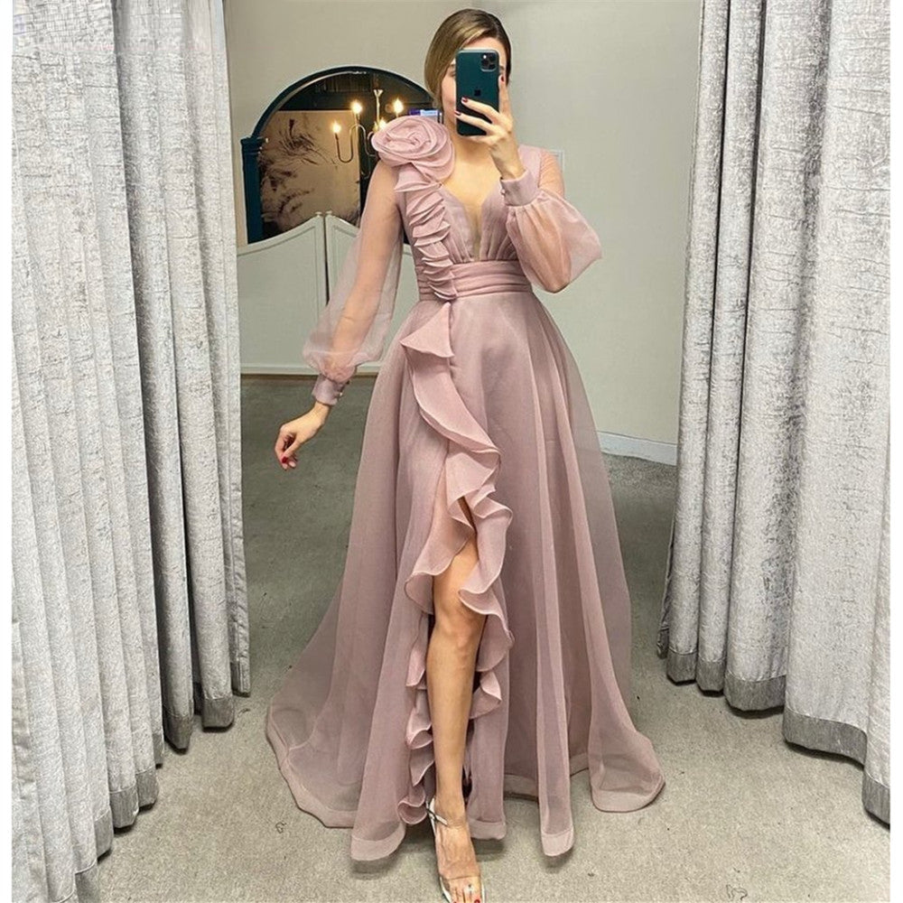 Dusty pink prom dresses, A-line silhouette with sheer long sleeves and ruffles, perfect for weddings and evening events.