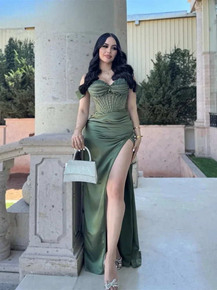 Green Satin Mermaid Prom Dresses Sweetheart High Side Slit Off the Shoulder Beading Sequins Formal Party Gown Vestido De Festa