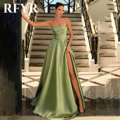 RFYR Satin Strapless Ruched A-Line Evening Gown with High Slit, Elegant Prom Party Dress, Celebrity Inspired Custom Formal Dress