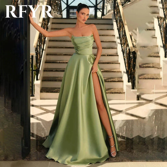 RFYR Satin Strapless Ruched A-Line Evening Gown with High Slit, Elegant Prom Party Dress, Celebrity Inspired Custom Formal Dress