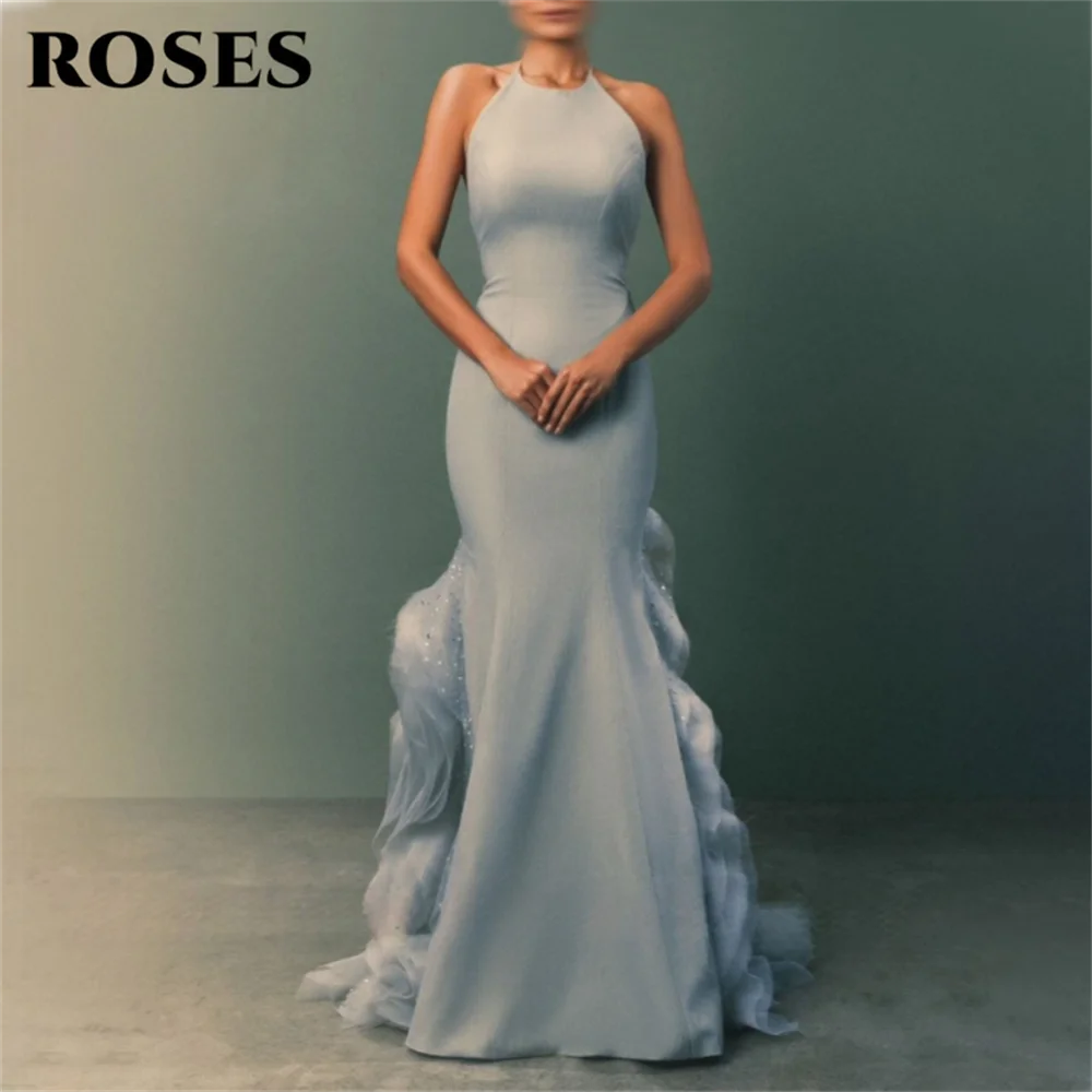 ROSES Light Blue Party Dress Elegant Halter - Neck Mermaid Prom Dresses with Ruffled Trailing Design Evening Dresses Customized
