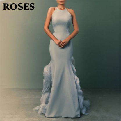 ROSES Light Blue Party Dress Elegant Halter - Neck Mermaid Prom Dresses with Ruffled Trailing Design Evening Dresses Customized