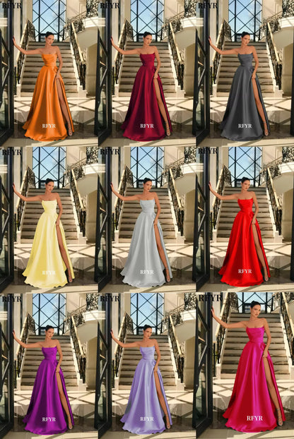 RFYR Satin Strapless Ruched A-Line Evening Gown with High Slit, Elegant Prom Party Dress, Celebrity Inspired Custom Formal Dress
