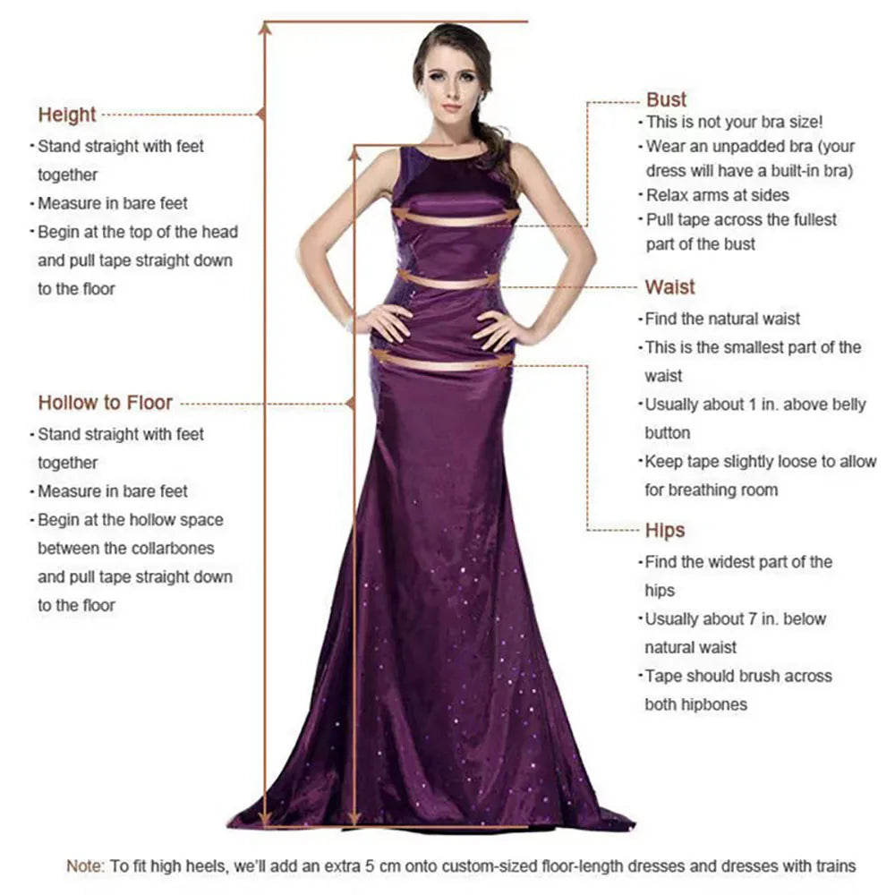 Measurement guide for off the shoulder evening dresses, detailing bust, waist, hips, height, and hollow to floor.