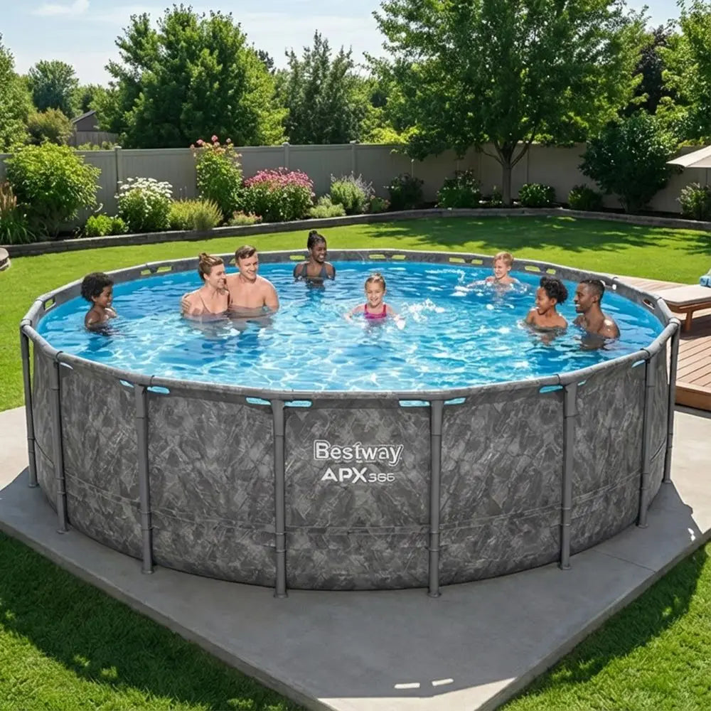 APX 365 18 x 52 Above Ground Pool, Round Metal Frame Outdoor Swimming Pool Set with Sand Filter Pump, Ladder, and Cover, Custom