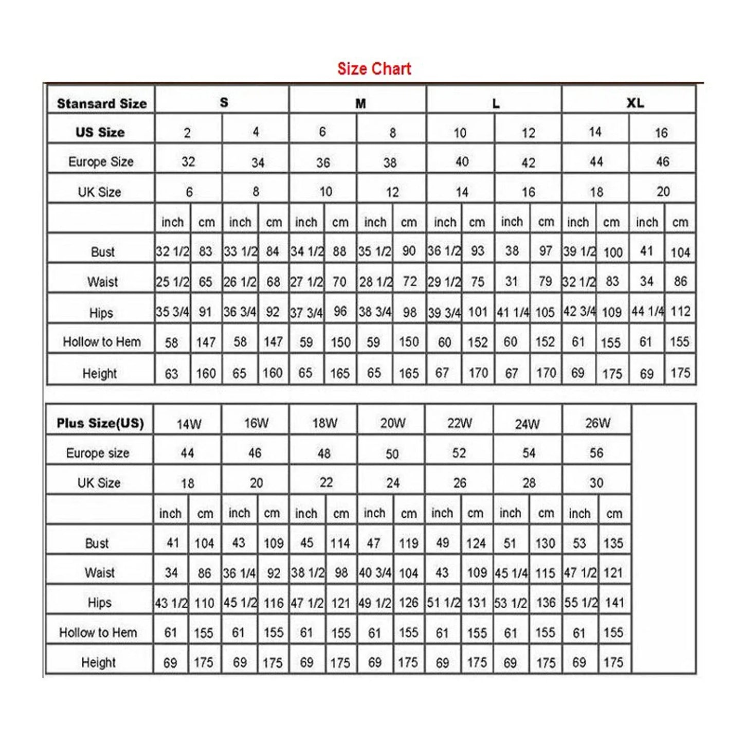 Size chart for green satin mermaid prom dress, including standard and plus sizes with measurements for bust, waist, hips, and height.