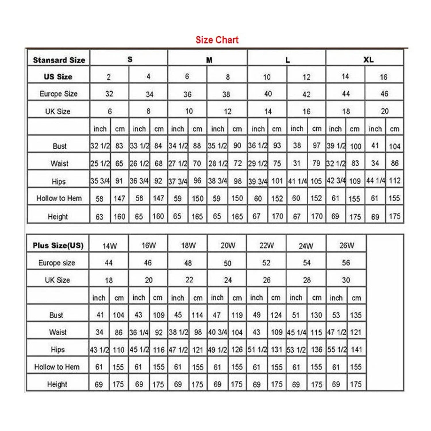 Size chart for green satin mermaid prom dress, including standard and plus sizes with measurements for bust, waist, hips, and height.
