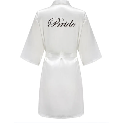 Light Blue Women's Satin Robe Short Kimono for Bride & Bridesmaid With White Letter, Wedding Party Robes