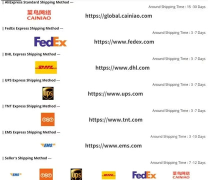 Shipping methods and times for various carriers including FedEx, DHL, UPS, and EMS with their respective logos.