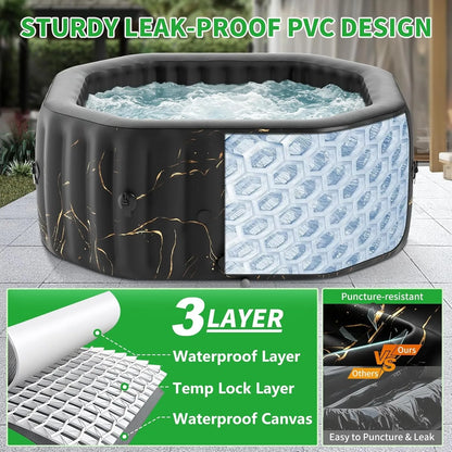 2-4 Person Inflatable Hot Tub, Octagon Blow Up Portable Hot Tub, Leak-Proof PVC Outdoor Spa with 120 Strong Air Jets，Customized