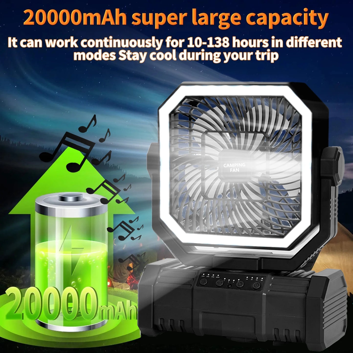 Camping Ceiling Fan 20000Mah Rechargeable Camping Circulator with Light and Remote Control Cool Air Circulation Camping Fan