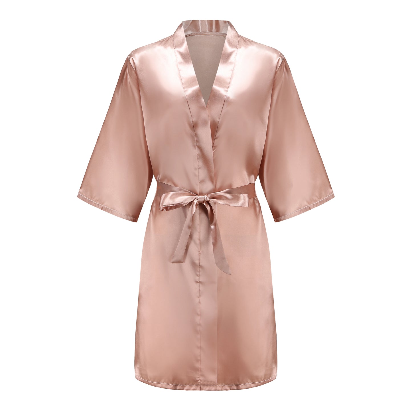 Bridesmaid satin robes in soft pink satin fabric with a tie waist and half sleeves, perfect for wedding parties.