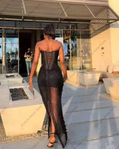 Aso Ebi Style Luxury Black Stones Evening Dresses Illusion Prom Gowns Elegant Evening Dress Wedding Party Mermaid Customized