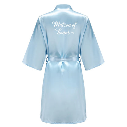 Light Blue Women's Satin Robe Short Kimono for Bride & Bridesmaid With White Letter, Wedding Party Robes
