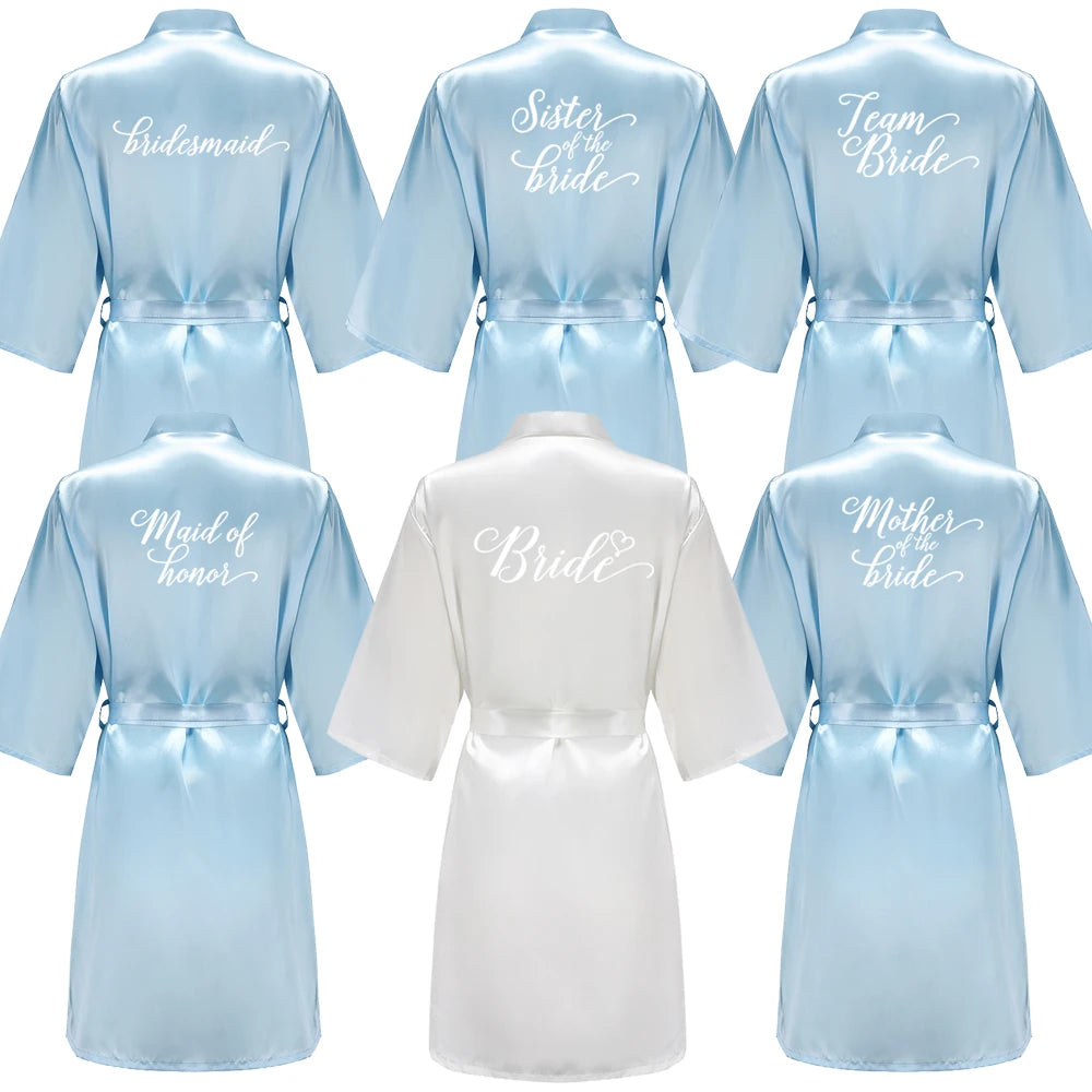 Light Blue Women's Satin Robe Short Kimono for Bride & Bridesmaid, Wedding Party Satin Robe with white lettering.
