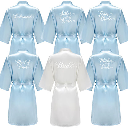 Light Blue Women's Satin Robe Short Kimono for Bride & Bridesmaid, Wedding Party Satin Robe with white lettering.