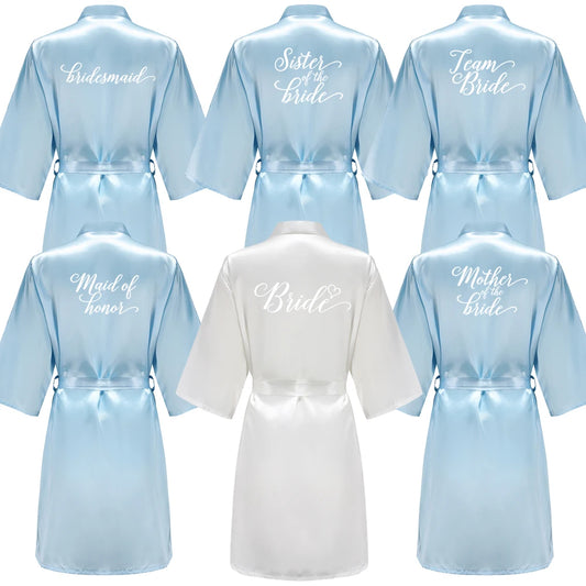 Light Blue Women's Satin Robe Short Kimono for Bride & Bridesmaid, Wedding Party Satin Robe with white lettering.