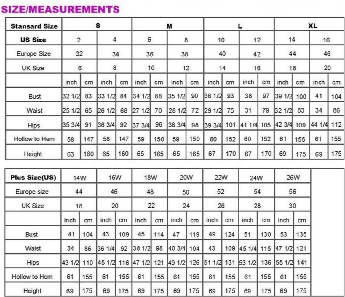 Size chart for dusty pink prom dresses showing measurements for standard and plus sizes in inches and centimeters.