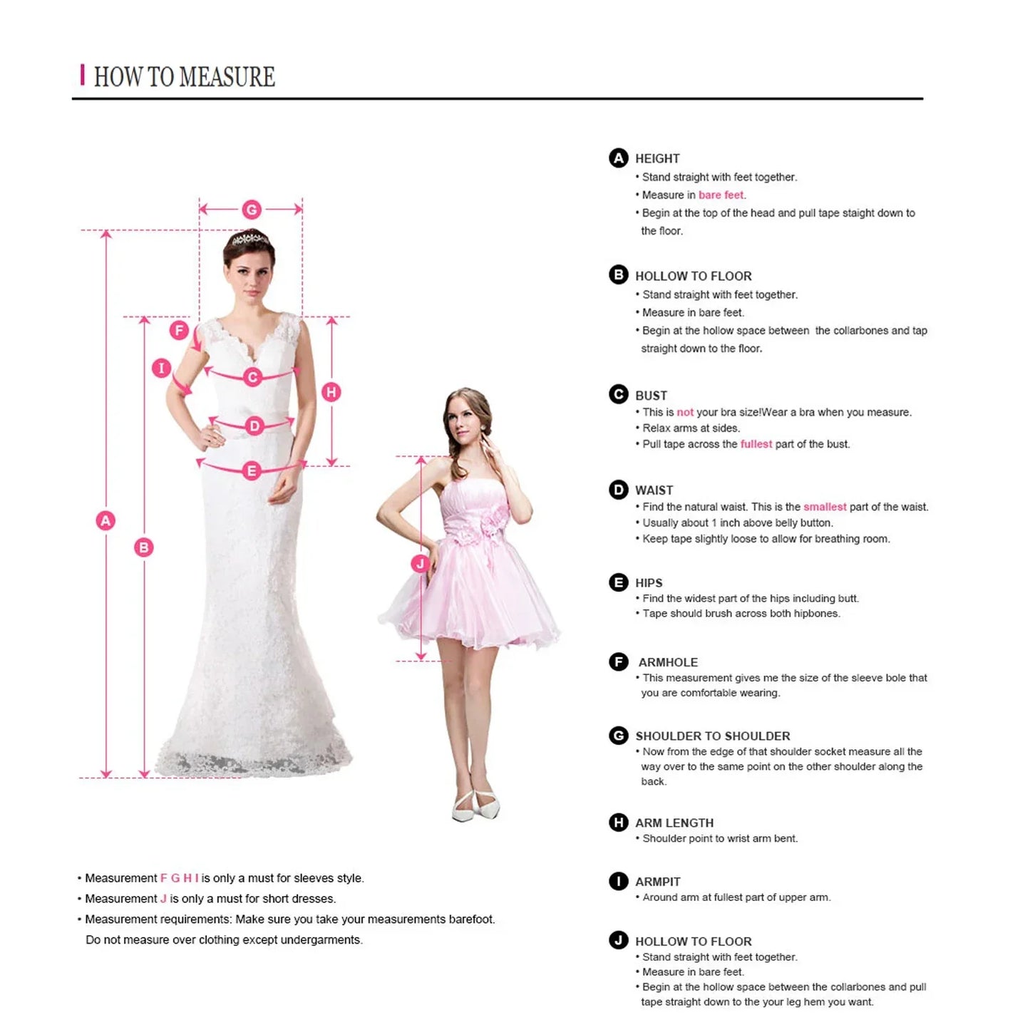 Image showing how to measure for prom dress sizes, including height, bust, waist, and arm length measurements.