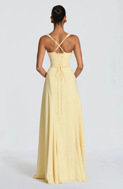 Yellow Chiffon Maxi Dress Elegant Halter/Strapless Ruched Formal Evening Gown High Slit Prom Dress for Wedding Cocktail Party