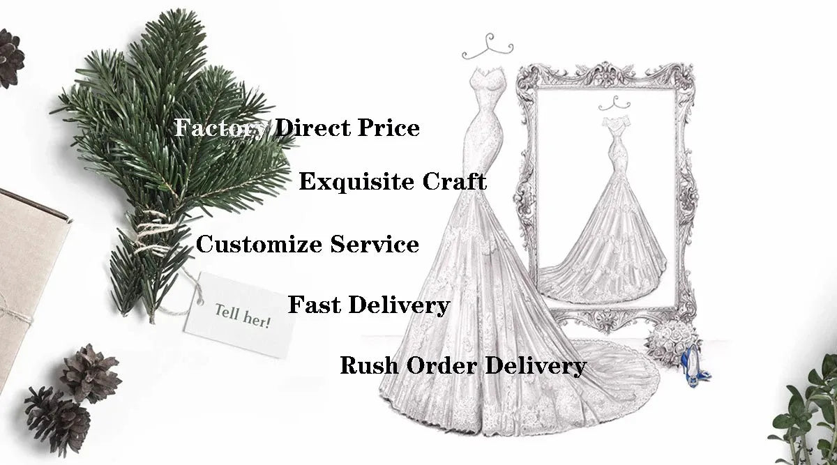 Elegant sketch of a mermaid prom gown with text: Factory Direct Price, Exquisite Craft, Customize Service, Fast Delivery, Rush Order Delivery.