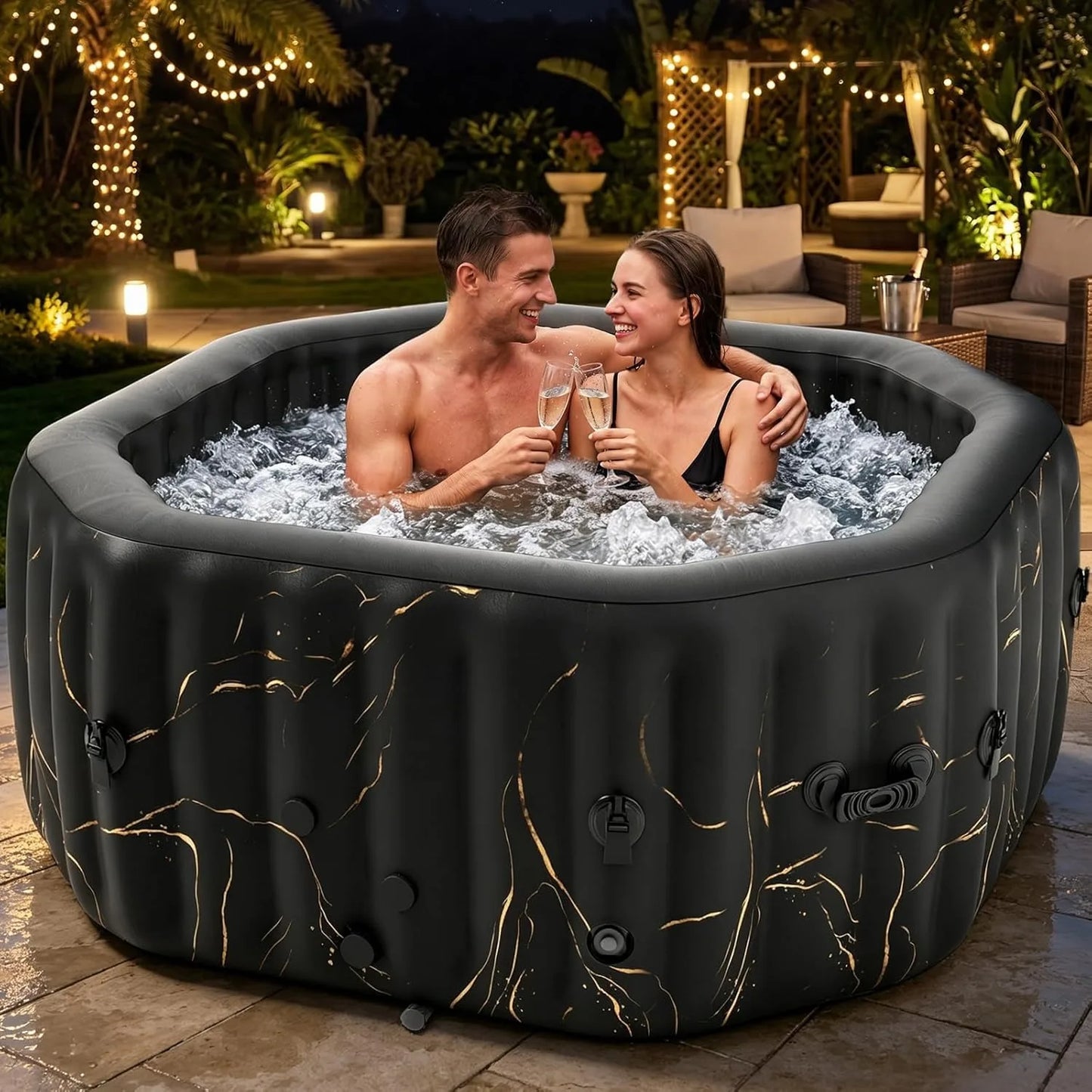 2-4 Person Inflatable Hot Tub, Octagon Blow Up Portable Hot Tub, Leak-Proof PVC Outdoor Spa with 120 Strong Air Jets，Customized