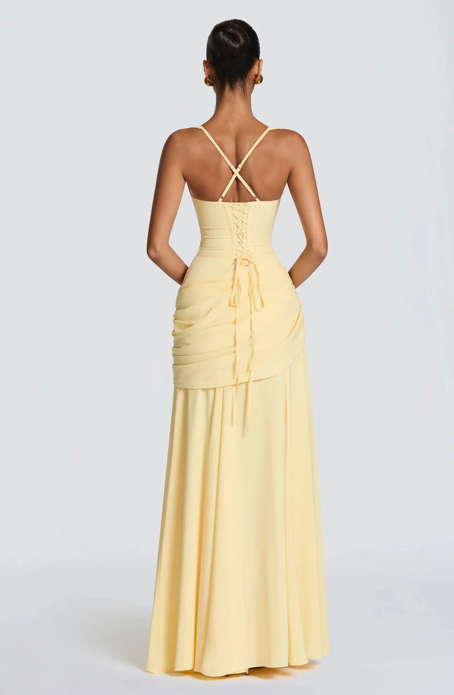 Yellow Chiffon Maxi Dress Elegant Halter/Strapless Ruched Formal Evening Gown High Slit Prom Dress for Wedding Cocktail Party