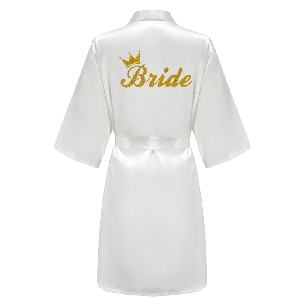 Light Blue Women's Satin Robe Short Kimono for Bride & Bridesmaid With White Letter, Wedding Party Robes