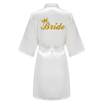 Light Blue Women's Satin Robe Short Kimono for Bride & Bridesmaid With White Letter, Wedding Party Robes