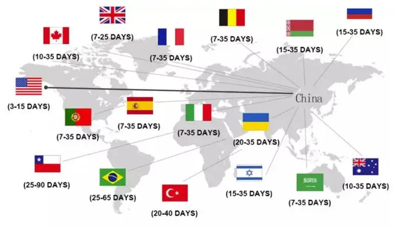 World map showing shipping times from China to various countries with delivery estimates in days.
