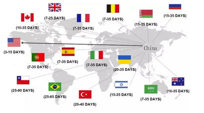 World map showing shipping times from China to various countries with delivery estimates in days.