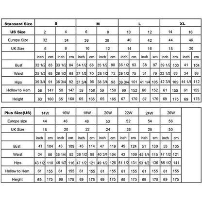 Size chart for elegant evening dresses with 3D flowers showing measurements for standard and plus sizes.