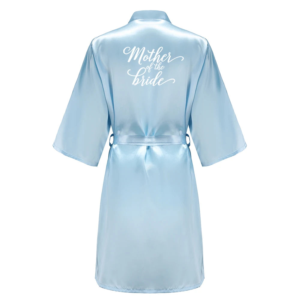 Light blue satin robe for mother of the bride with elegant lettering, perfect for wedding party satin robe.
