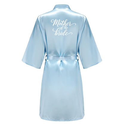 Light blue satin robe for mother of the bride with elegant lettering, perfect for wedding party satin robe.