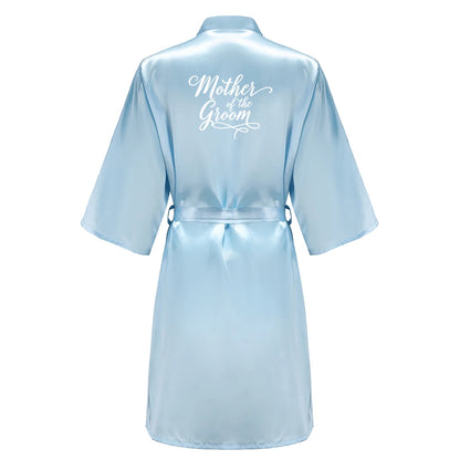 Light Blue Women's Satin Robe Short Kimono for Bride & Bridesmaid With White Letter, Wedding Party Robes