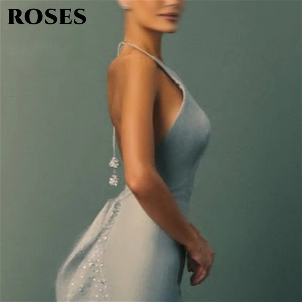 ROSES Light Blue Party Dress Elegant Halter - Neck Mermaid Prom Dresses with Ruffled Trailing Design Evening Dresses Customized