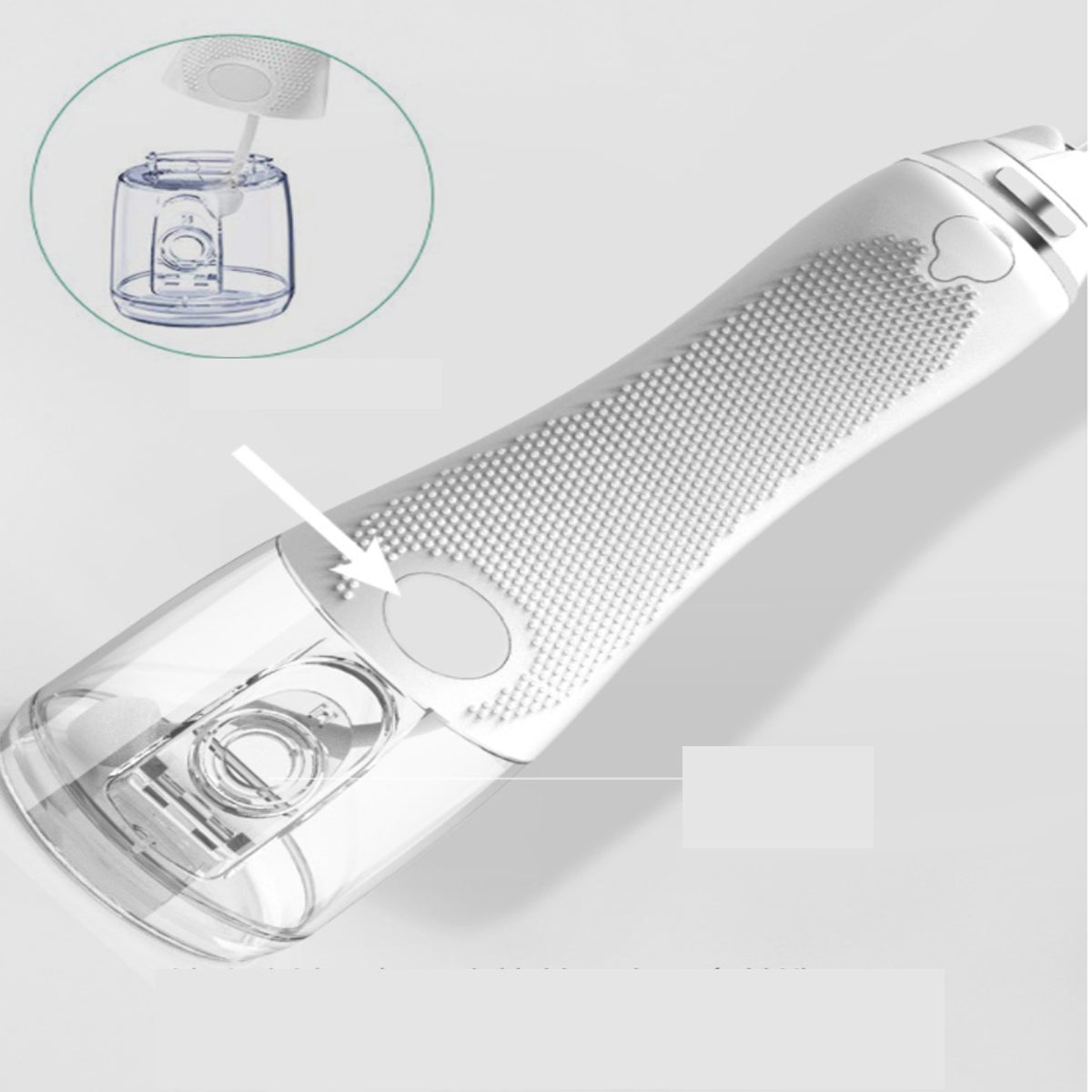 Portable Water Flosser And Pik For Dental Hygiene design showcasing the water chamber and ergonomic handle.