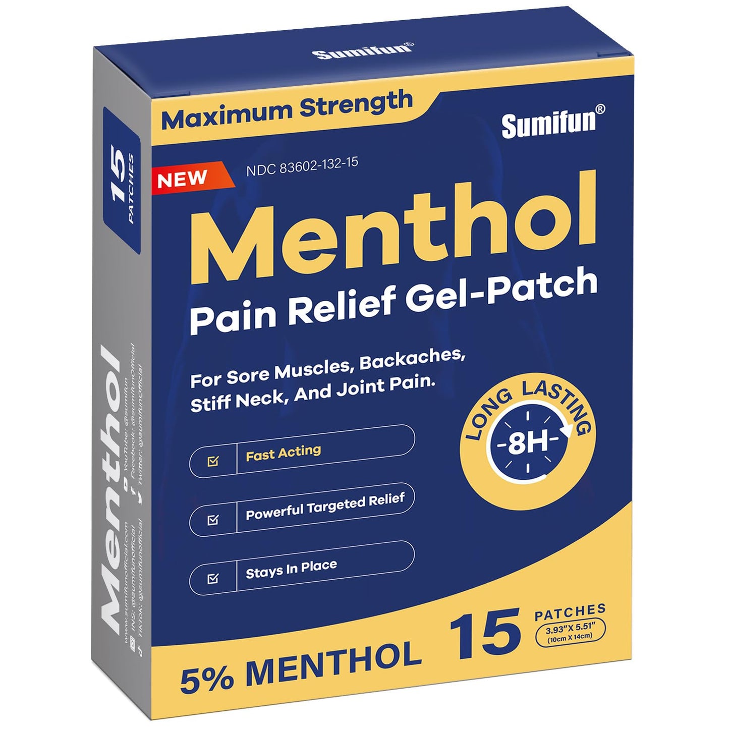 Sumifun 5% Menthol Pain Relief Patches - 15 Count Pain Patches for Back Neck Shoulder Elbow Knee - Menthol Maximum Strength Pain Relief Patches -8 Hours Pain Relief