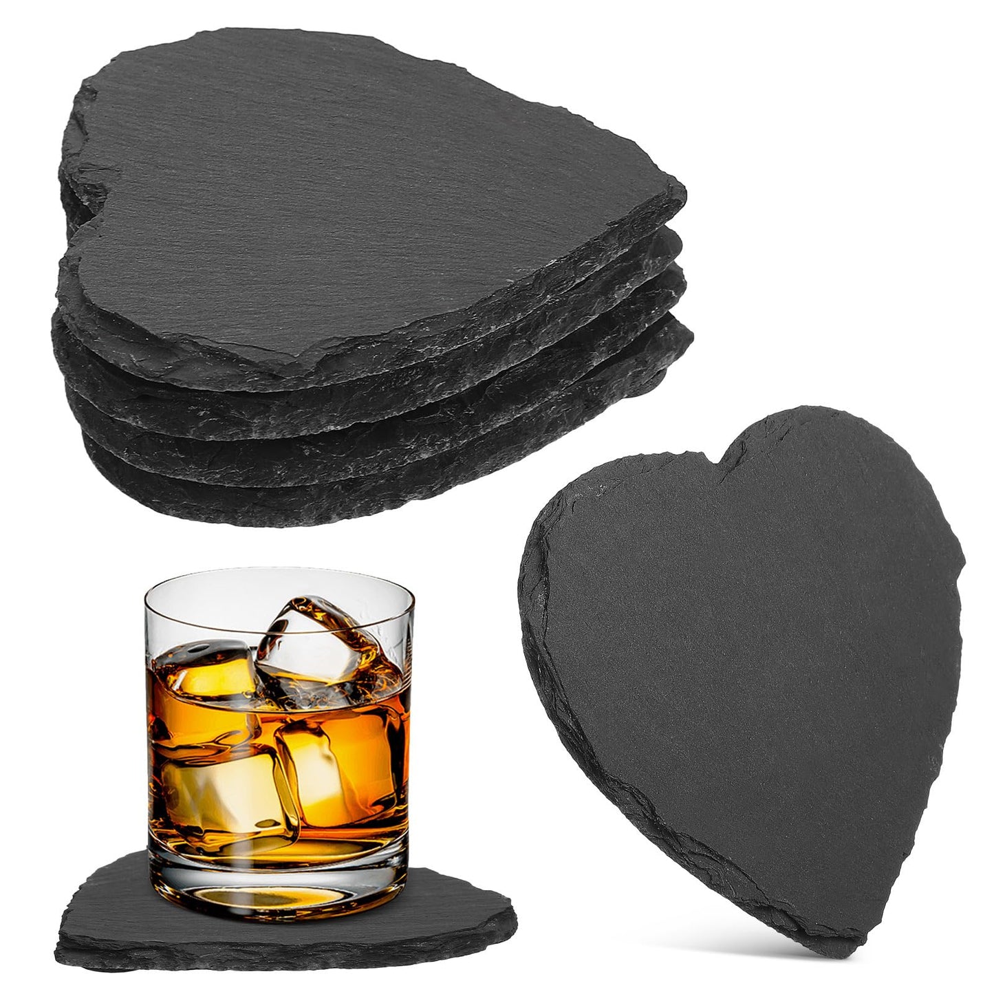 4pcs Coasters Heart Slate Coasters Cup Mats Coasters for Drinks Beverages Wine Glasses (Black)