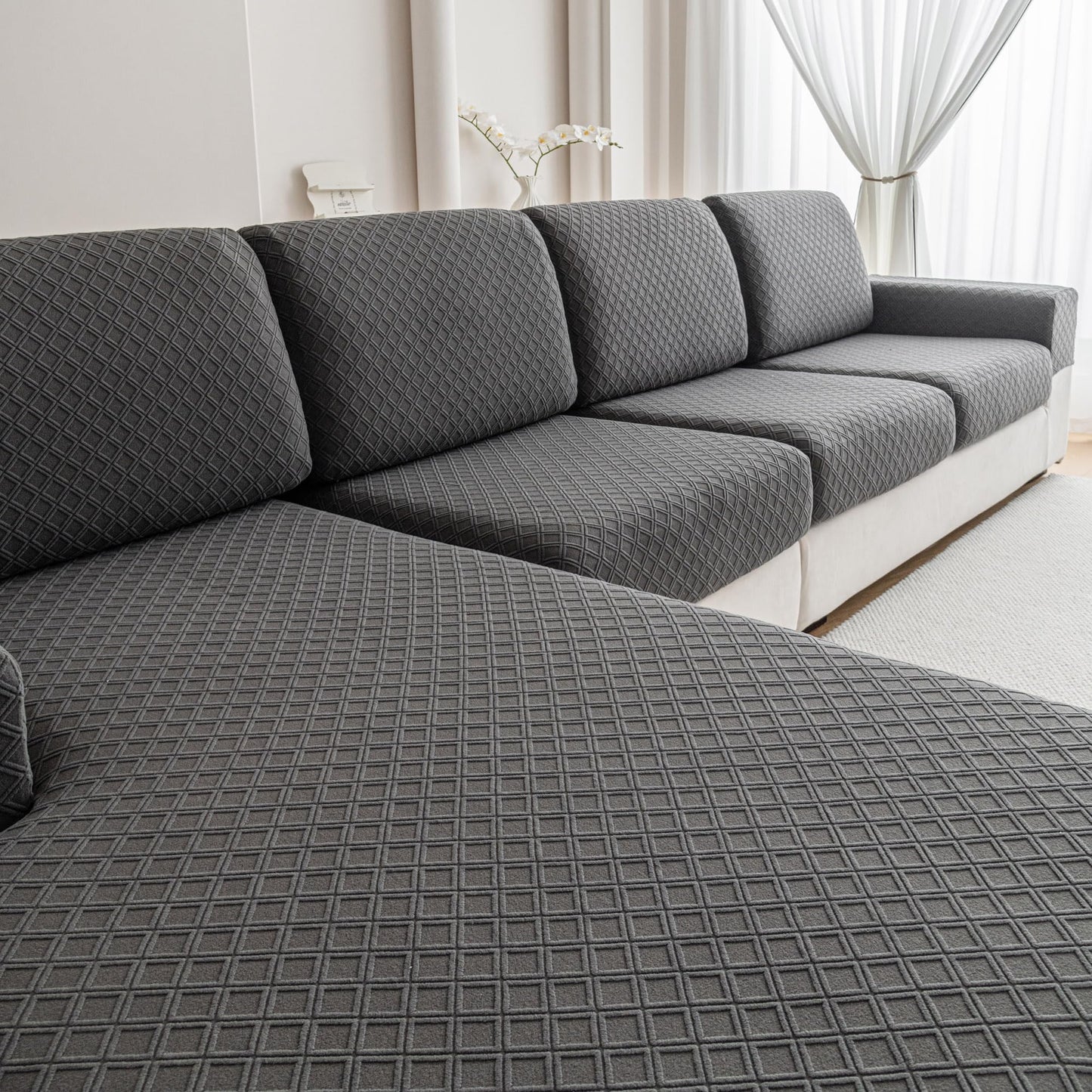 QIANMEW Sofa Covers WashableStretch Comfort Couch Cushion Covers L Shape Sectional Sofa Slipcovers Furniture Protectors Pet Friendly(3 Seaters+1 ChaiseDark Gray)
