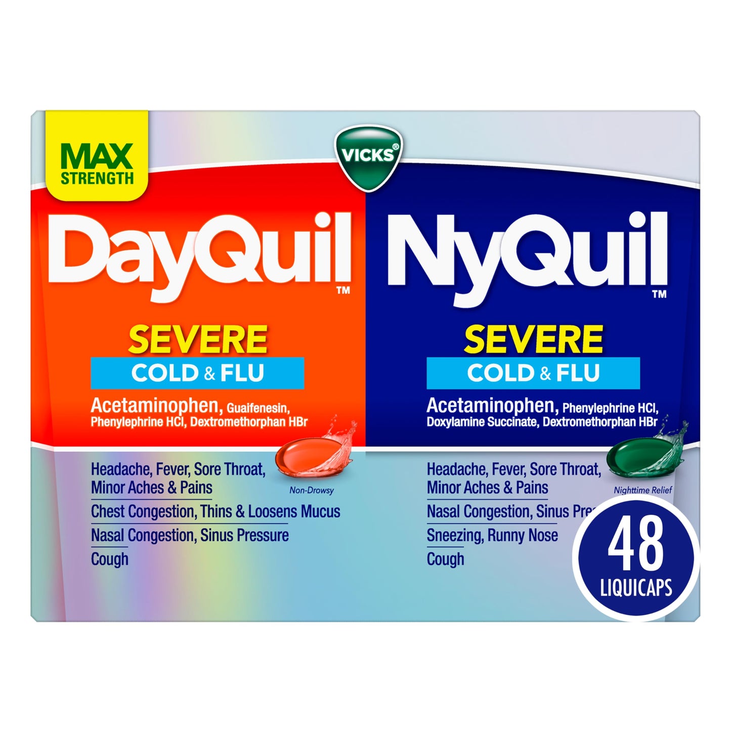 VICKS DayQuil & NyQuil SEVERE Co-Pack Cold & Flu Medicine Powerful Relief for Headache Fever Sore Throat Minor Aches & Pains Congestion Sinus Pressure Stuffy Nose and Cough 48 LiquiCaps