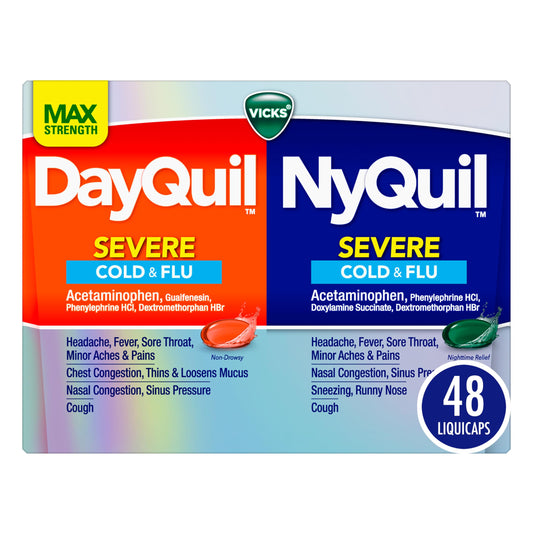 VICKS DayQuil & NyQuil SEVERE Co-Pack Cold & Flu Medicine Powerful Relief for Headache Fever Sore Throat Minor Aches & Pains Congestion Sinus Pressure Stuffy Nose and Cough 48 LiquiCaps