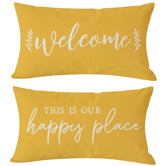 PANDICORN Farmhouse Lumbar Decorative Throw Pillow Covers 12x20 Set of 2 Welcome This is Our Happy Place Yellow Outdoor Spring Summer Front Porch Patio Decorations Cushion Cases for Home Couch Decor